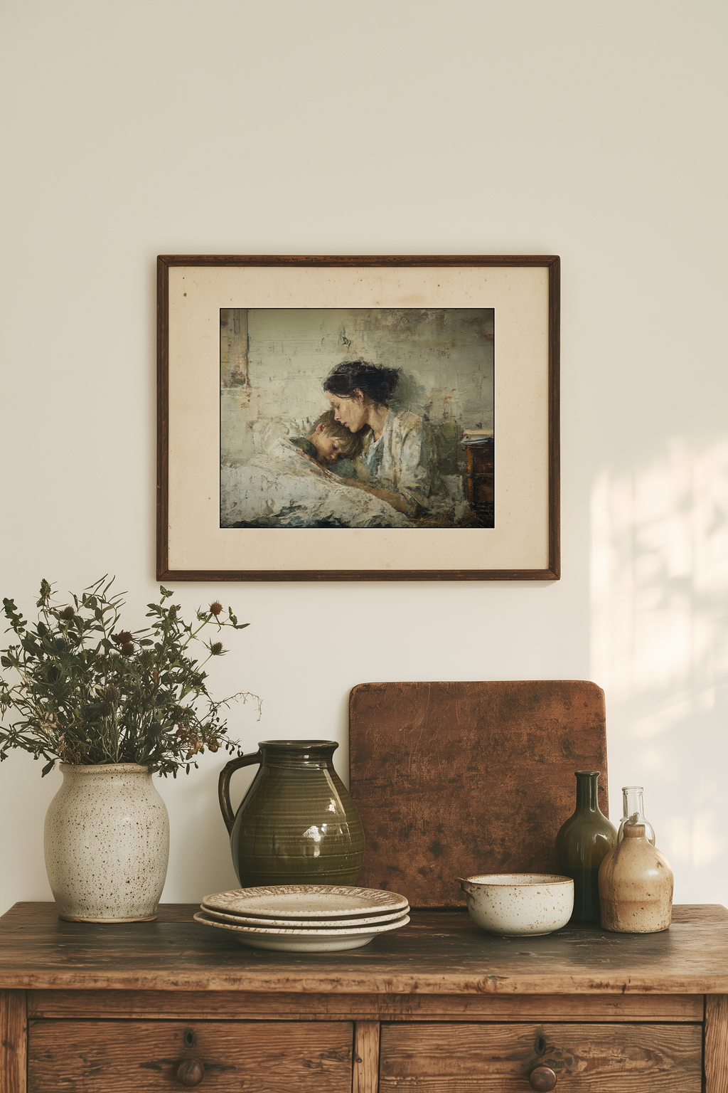 A framed print of a mother holding her little boy, in a calm bohemian room with wood and pottery accessories